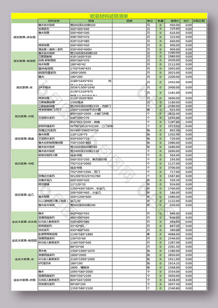 软装材料试算清单