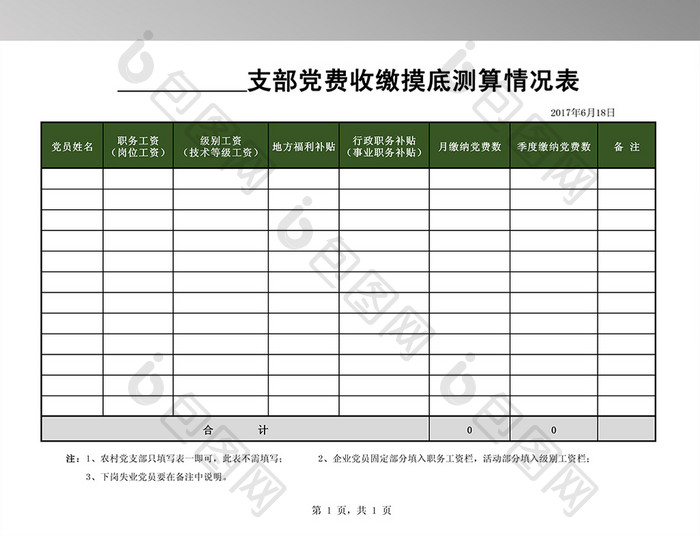 党费收缴摸底测算情况表