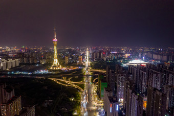 郑州地标中原福塔夜景灯光航拍摄影图