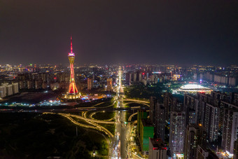 郑州地标中原福塔夜景灯光航拍摄影图