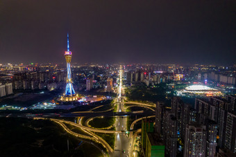 郑州地标中原福塔夜景灯光航拍摄影图