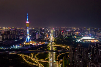 郑州地标中原福塔夜景灯光航拍摄影图