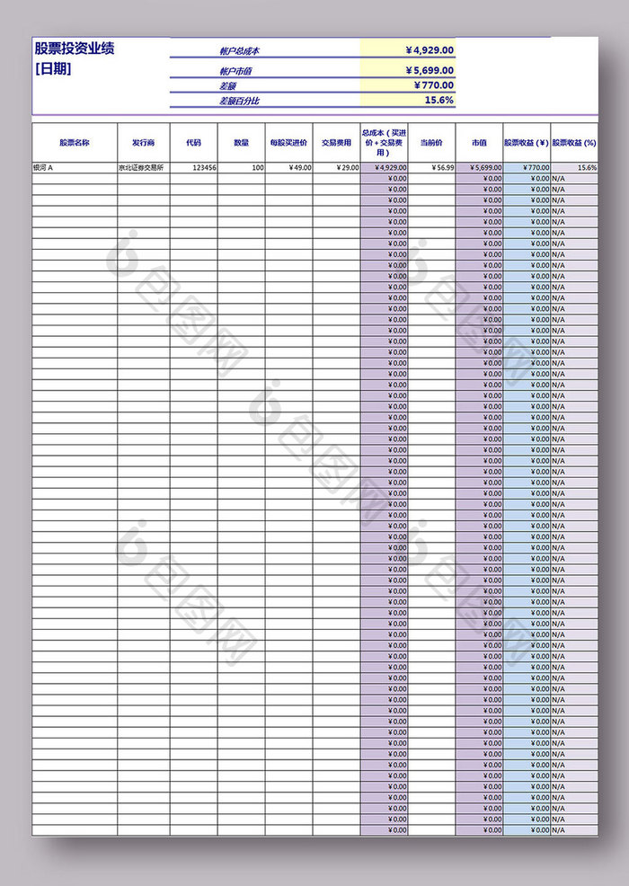 股票投资业绩表格excel模板