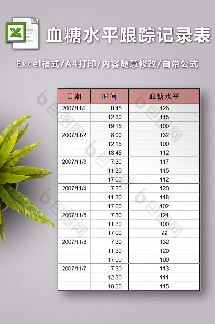 血糖水平跟踪记录表excel模板图片图片