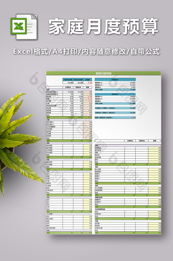 月度家庭预算表格excel模板图片图片