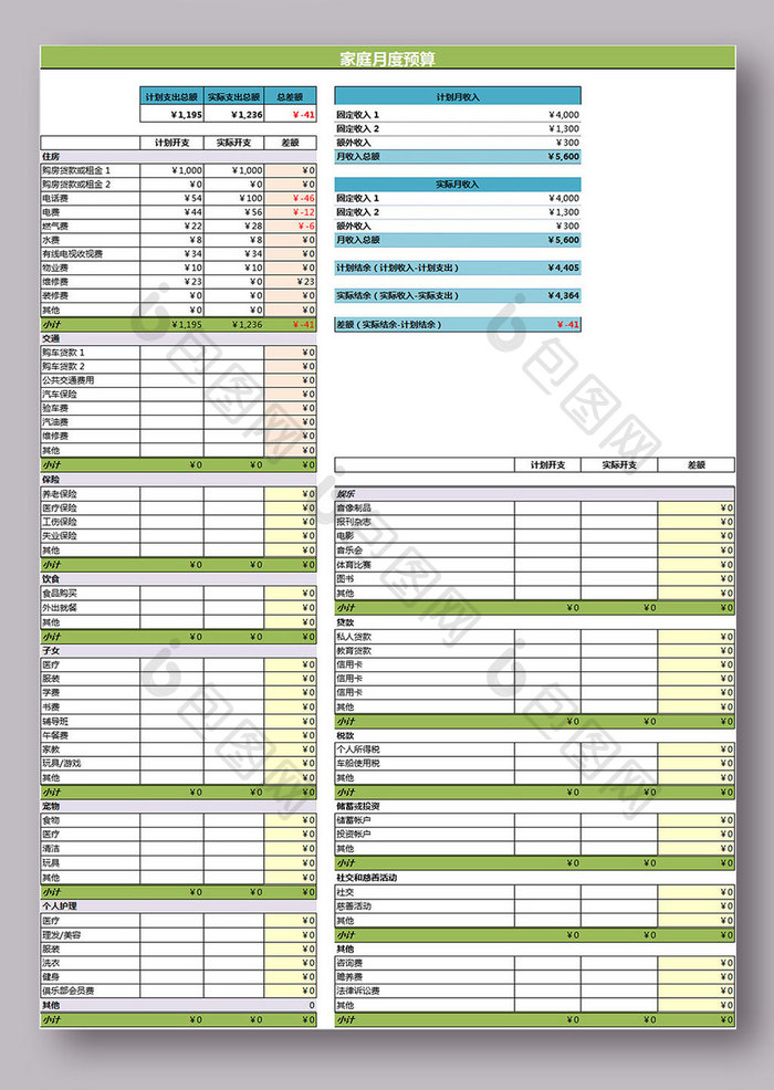 月度家庭预算表格excel模板