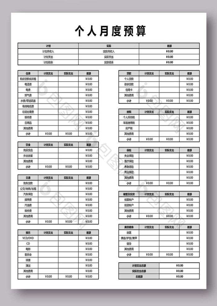 个人月度预算excel模版