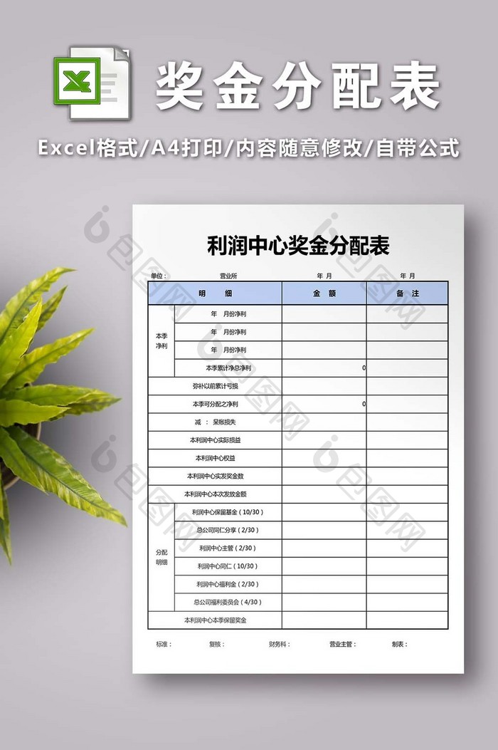 利润中心奖金分配表excel模版