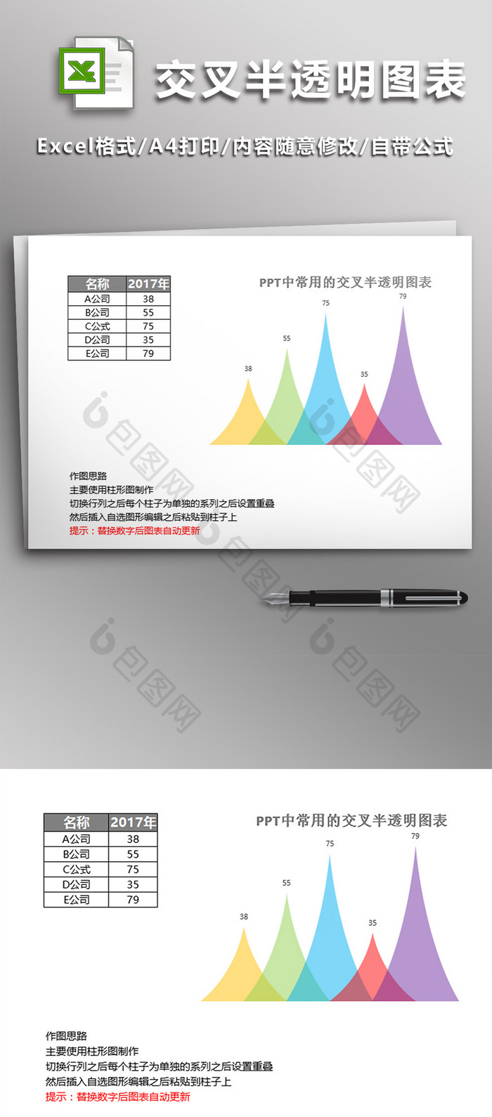 自动图表交叉半透明图表 Excel模板下载 包图网