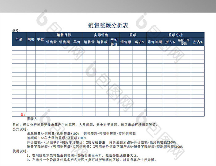 产品销售差额分析 excel模板