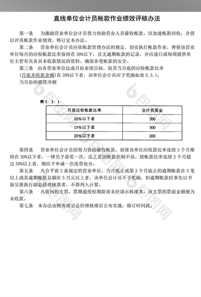 直线单位会计员帐款作业绩效评核办法