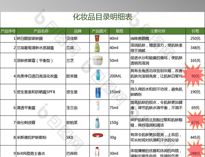 化妆产品目录实例拓展Excel表格模板