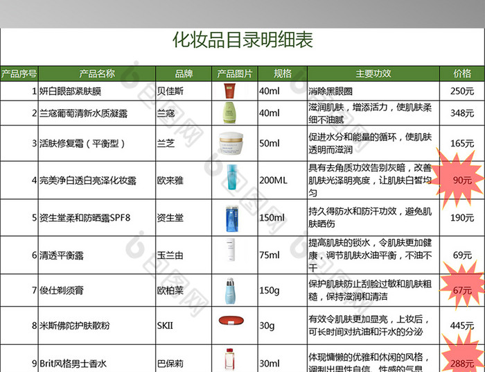 化妆产品目录实例拓展excel表格模板