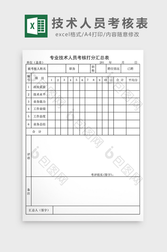 工程类中初级打分汇总表excel表格模板