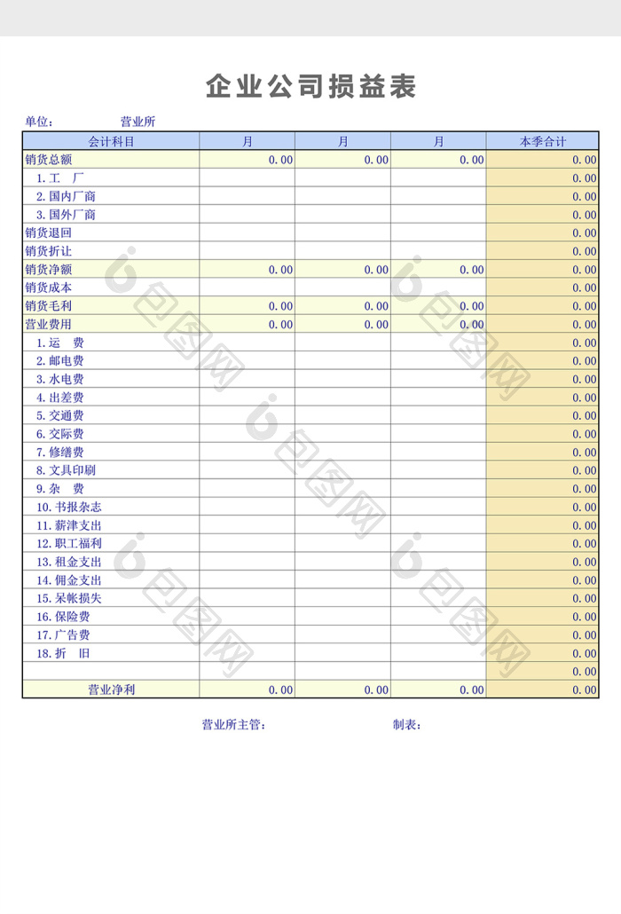 企业公司损益表excel表格模板下载-包图网