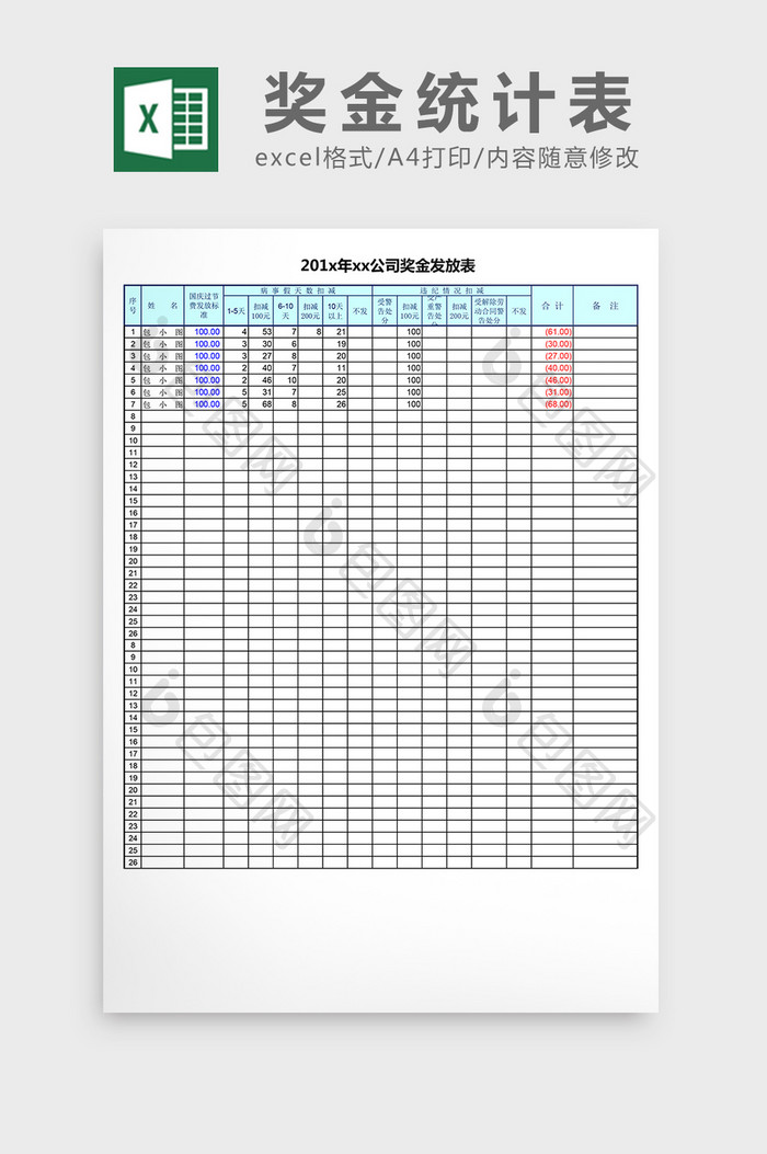 自动打印奖金发放统计表excel表格模板