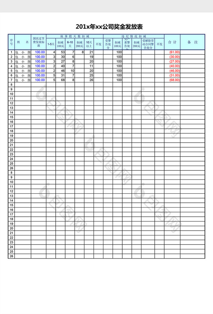 自动打印奖金发放统计表excel表格模板