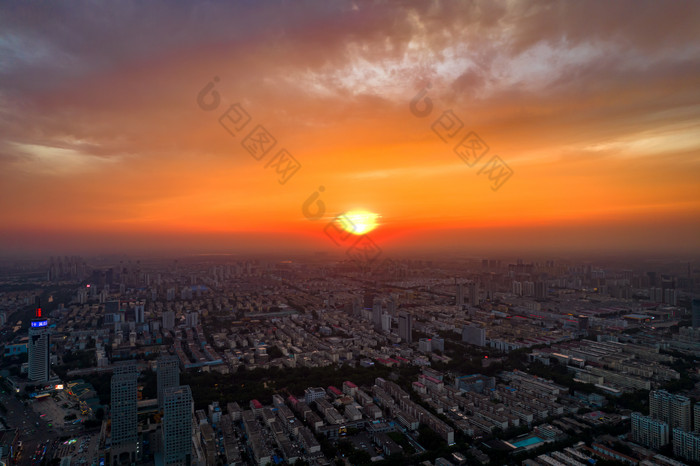 城市日落晚霞夕阳航拍摄影图山东济宁