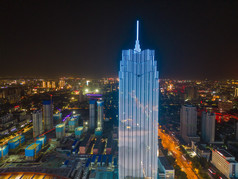 航拍保定万博广场高楼夜景