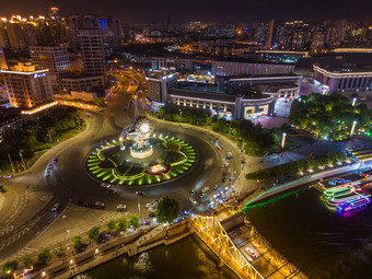 航拍天津世纪钟广场夜景延时