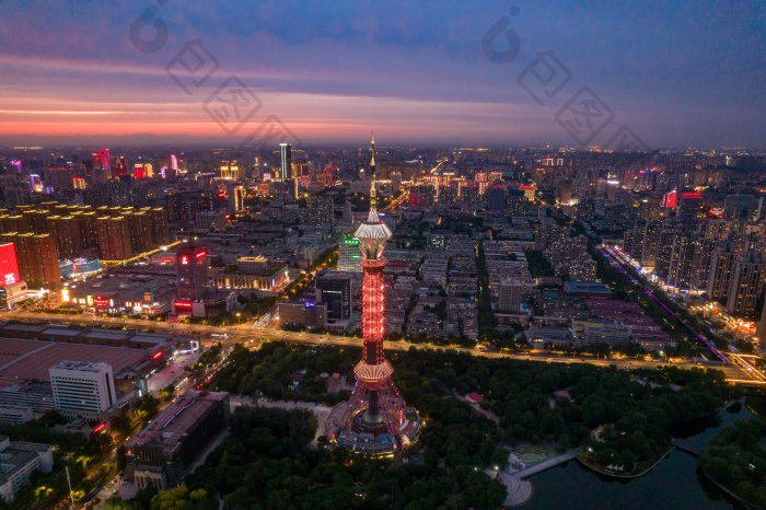 河北石家庄电视塔城市夜幕降临夜景航拍摄影图片-包图网企业站