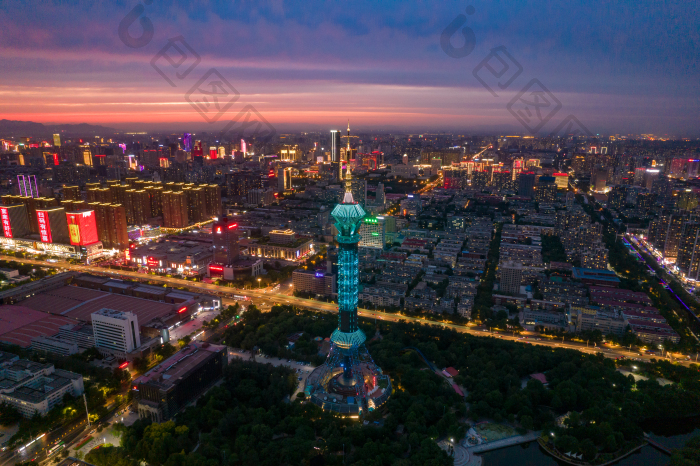 河北石家庄电视塔城市夜幕降临夜景航拍摄影图片-包图网企业站