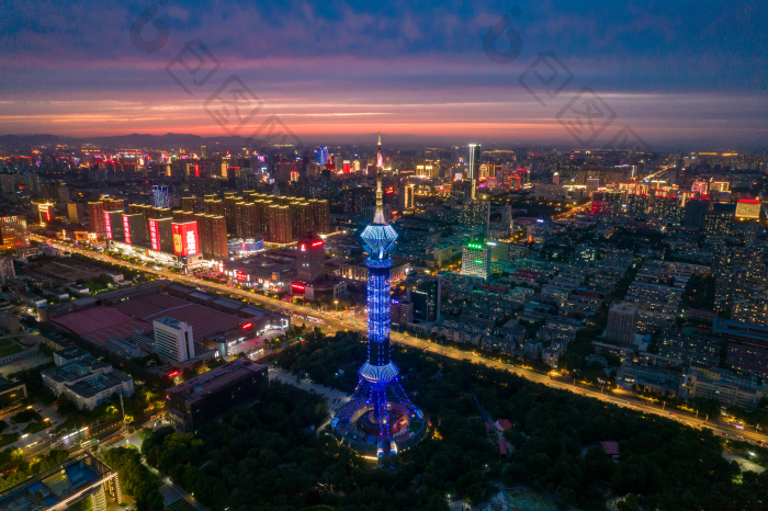 河北石家庄电视塔城市夜幕降临夜景航拍摄影图片-包图网企业站