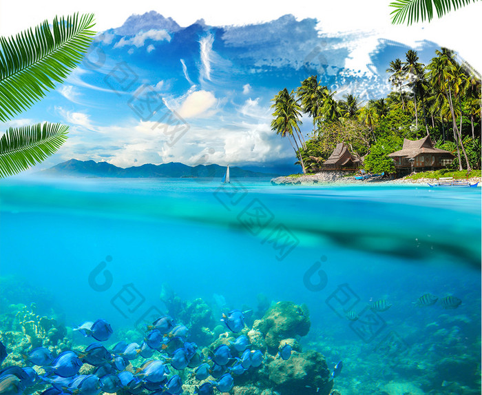 夏日蓝天海岛游旅行海报模板