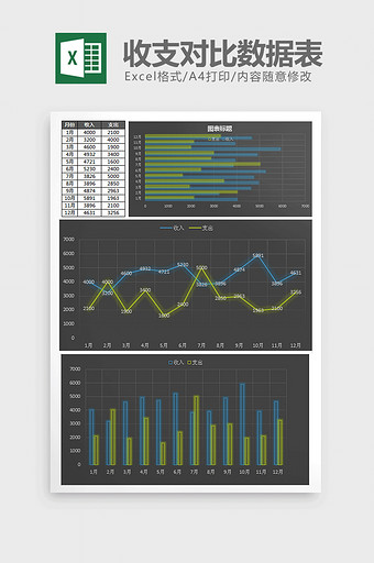 黑色全年每月收支对比数据表excel模板图片