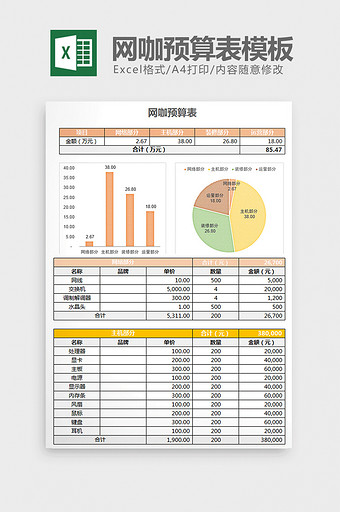 清新简约多彩网咖预算表excel模板图片