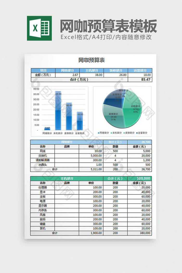 个性立体彩色网咖预算表excel模板图片图片