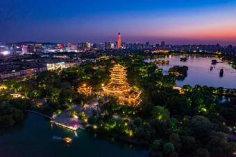 济南大明湖日落晚霞夜景航拍摄影图