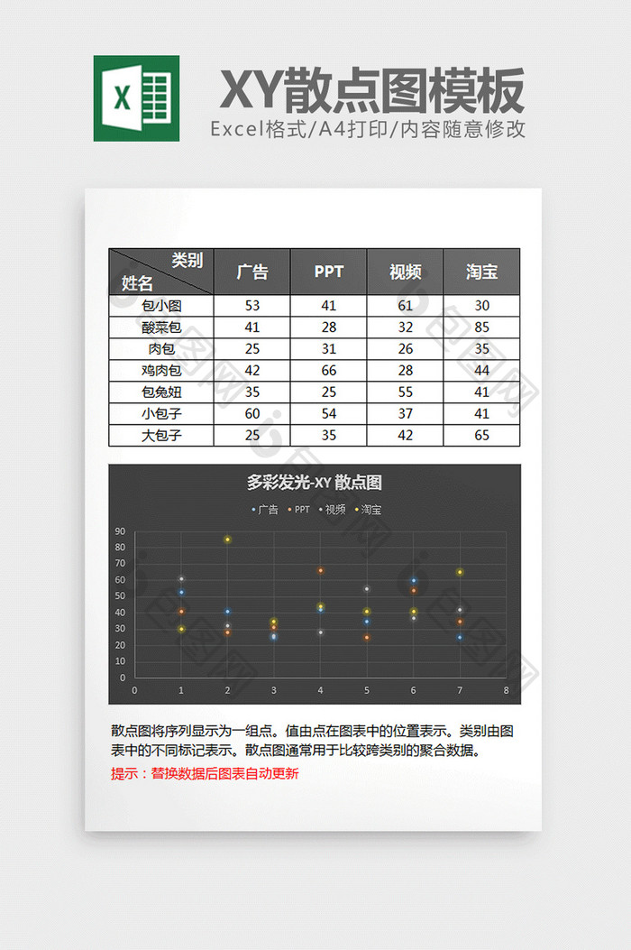 黑色特效发光XY散点图excel模板