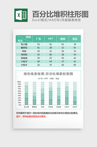 纹理渐变百分比堆积柱形图excel模板图片