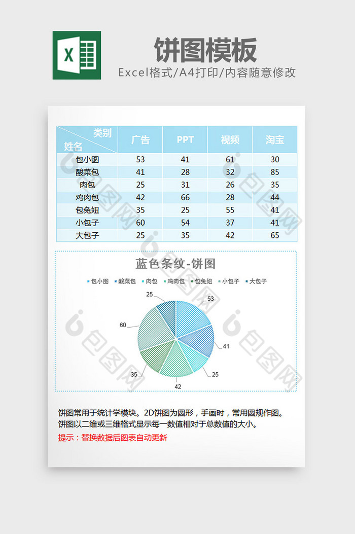 蓝色纹理填充拼接饼图excel模板图片图片