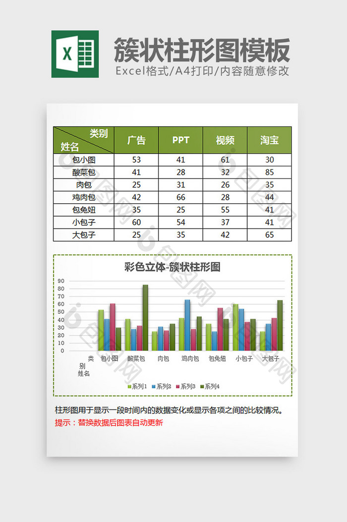 多彩立体簇状柱形图excel模板