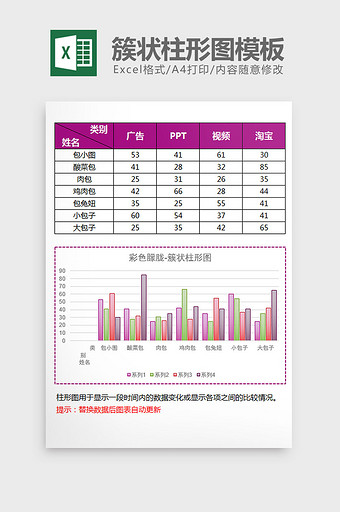 彩色雾面磨砂簇状柱形图excel模板图片