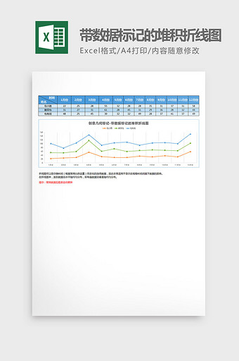 蓝色带数据标记的堆积折线图excel模板图片