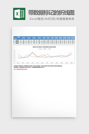 蓝色镂空带数据标记的折线图excel模板图片