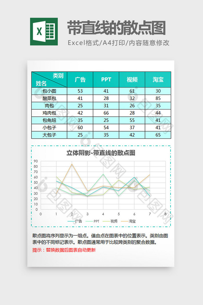 蓝色立体阴影带直线的散点图excel模板