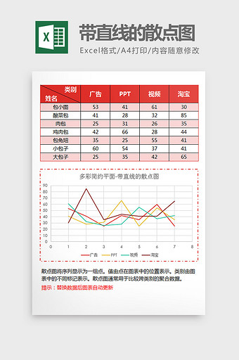 红色时尚带直线的散点图excel模板图片