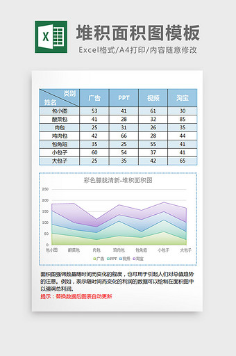 蓝色雾面磨砂堆积面积图excel模板图片