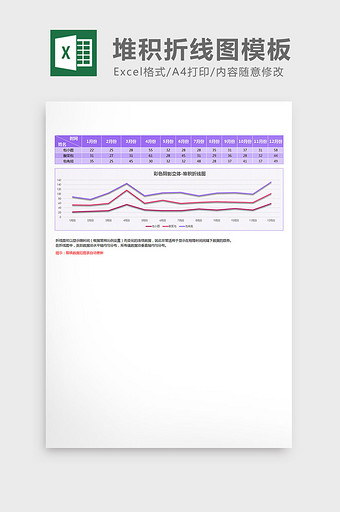 紫色立体阴影堆积折线图excel模板图片