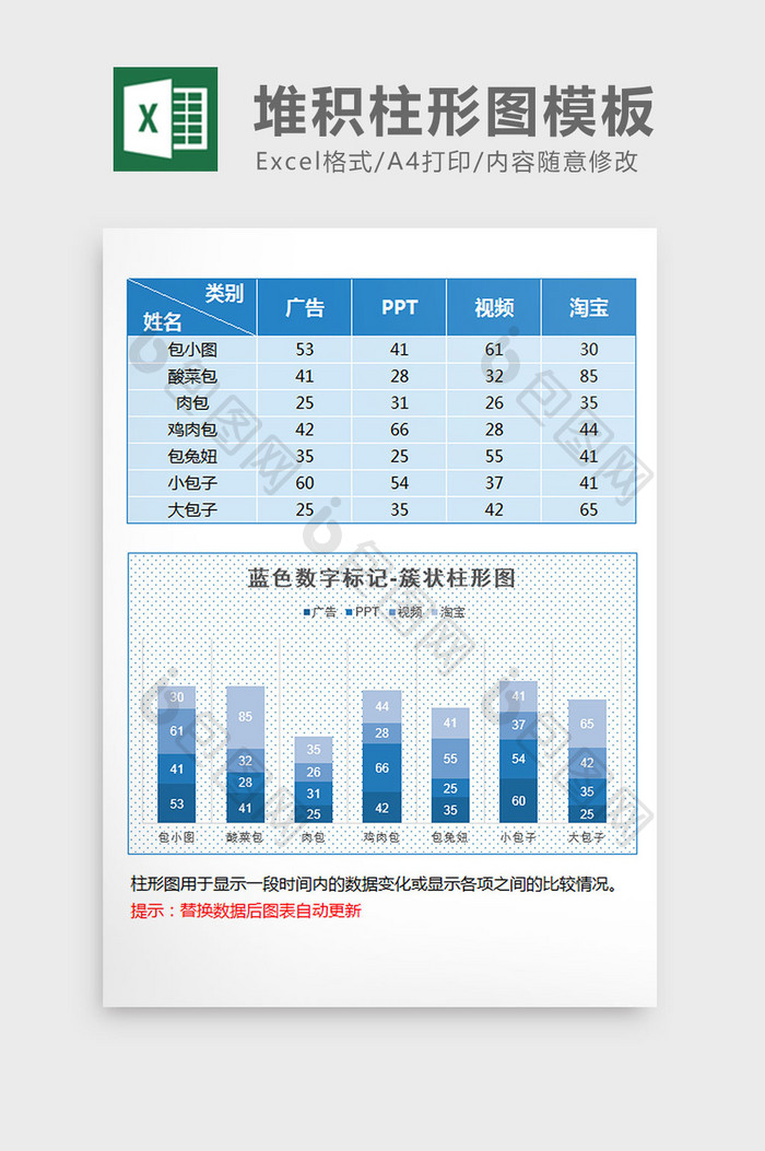 蓝色渐变数字标记堆积柱形图excel模板