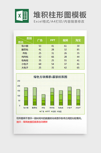 绿色渐变立体方块堆积柱形图excel模板图片