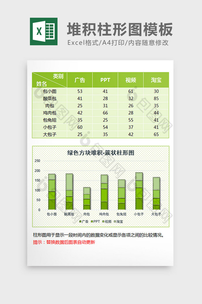 绿色渐变立体方块堆积柱形图excel模板