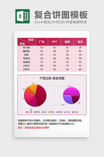 炫彩立体复合饼图excel模板图片