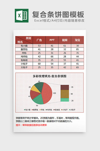 立体纹理填充复合条饼图excel模板图片