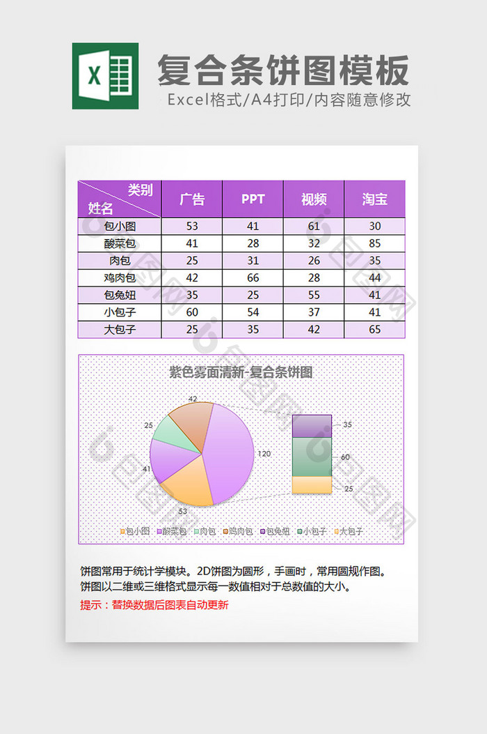 紫色雾面磨砂复合条饼图excel模板