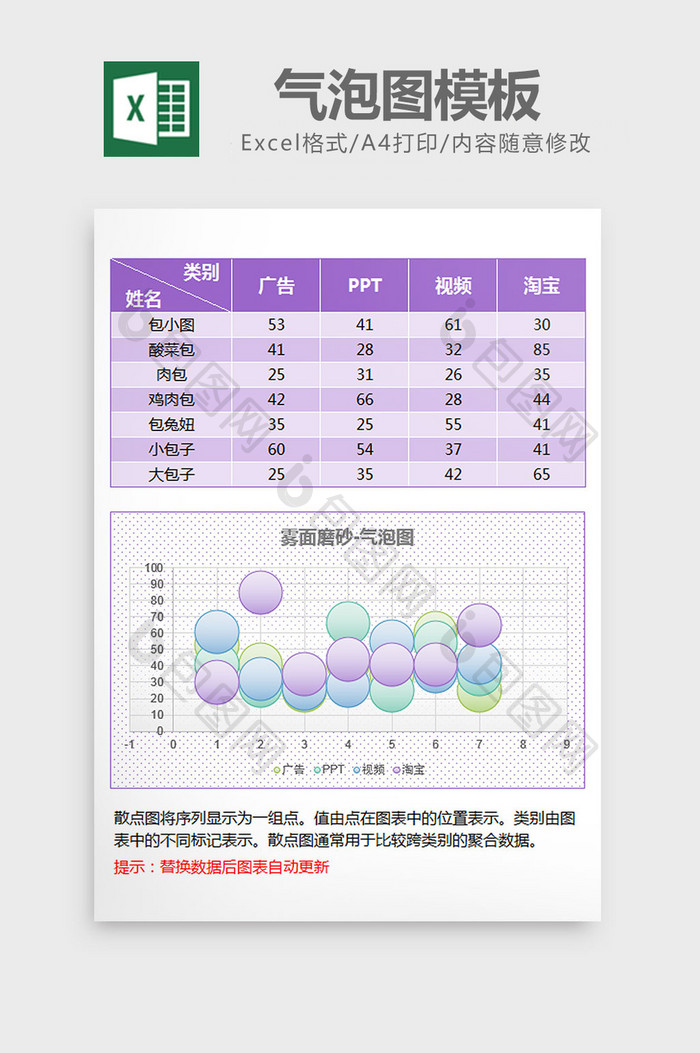 紫色雾面磨砂气泡图excel模板